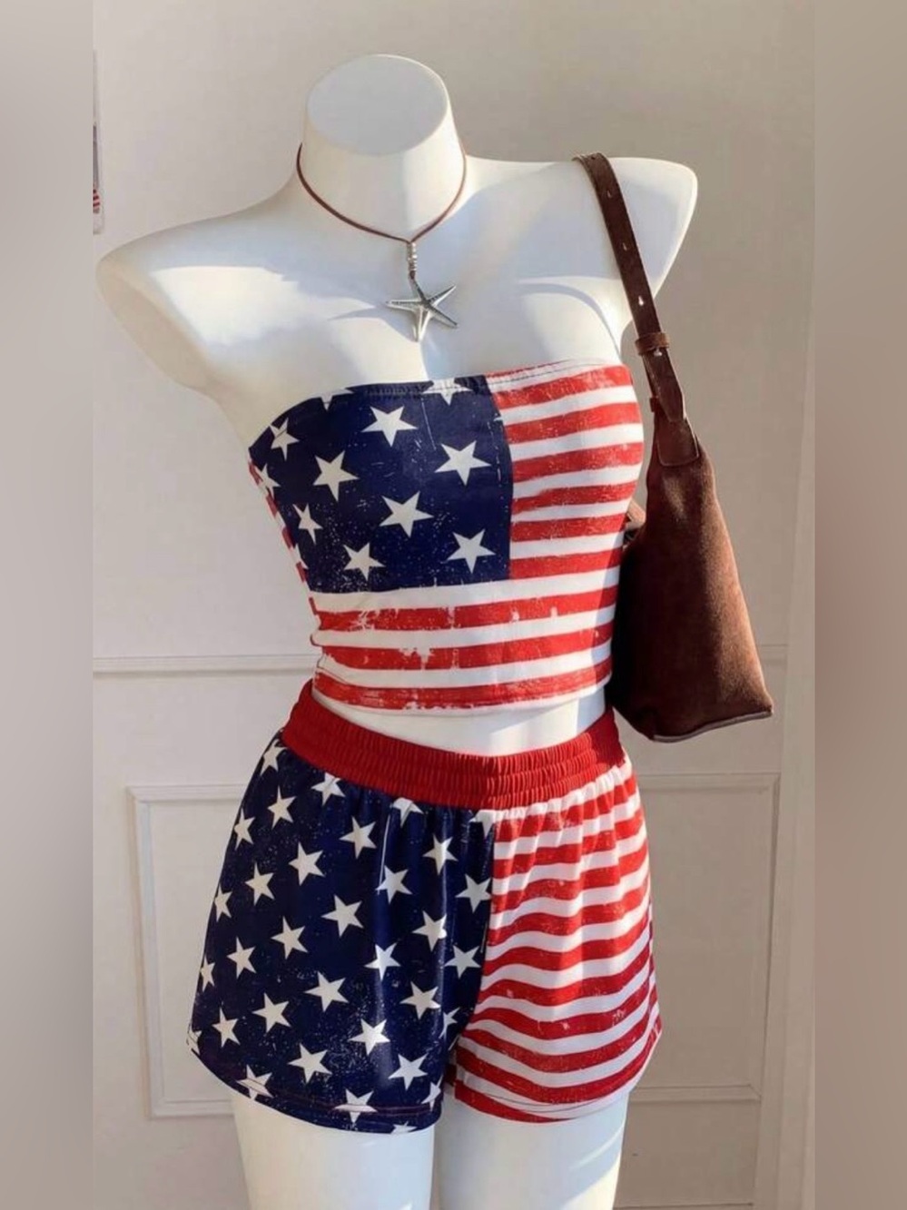 Shein patriotic 2 piece set sleeveless top shorts w/pockets elastic waist nwt S